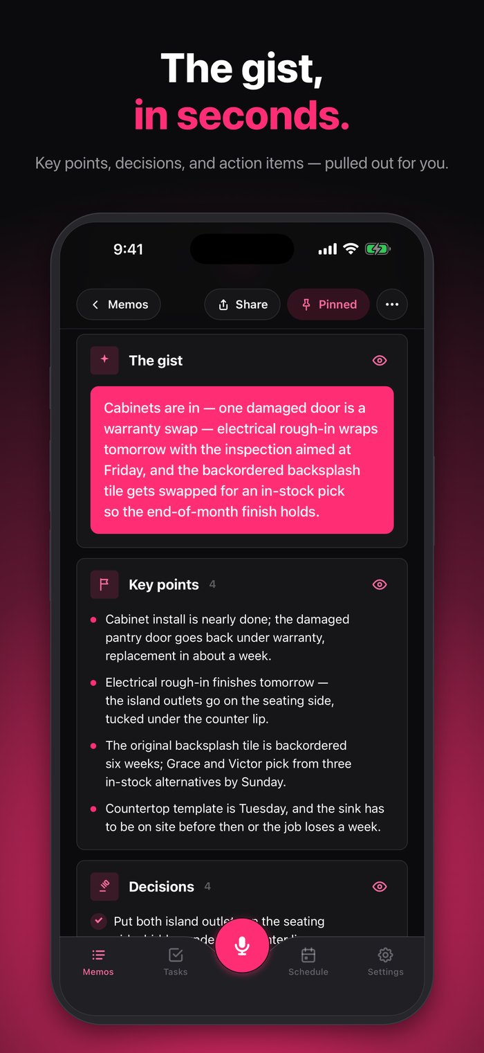 AI summary with the gist, key points, decisions and action items