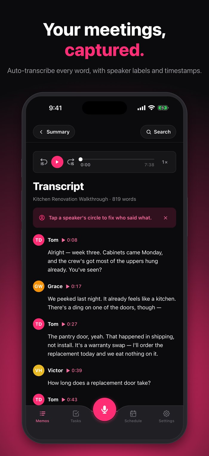 Word-for-word transcript with speaker labels and timestamps