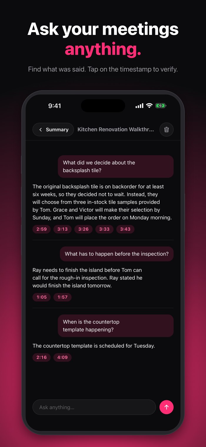 Ask a meeting questions, answered from the transcript with timestamps