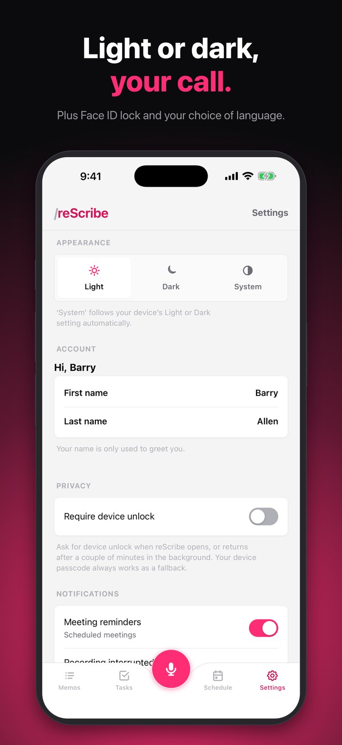 Light and dark themes plus Face ID lock